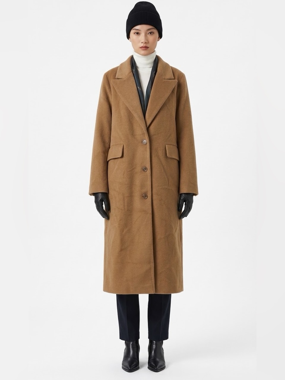 Women’s Camel Long Single-Breasted Wool Coat